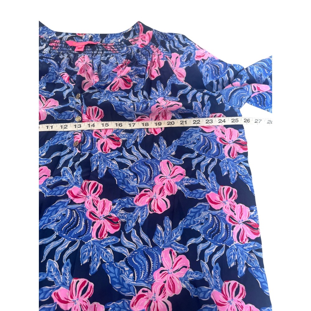 Lilly Pulitzer Elsa 100% Silk Blouse Top XXL Low Tide Navy Colorful Tropical - Picture 5 of 12